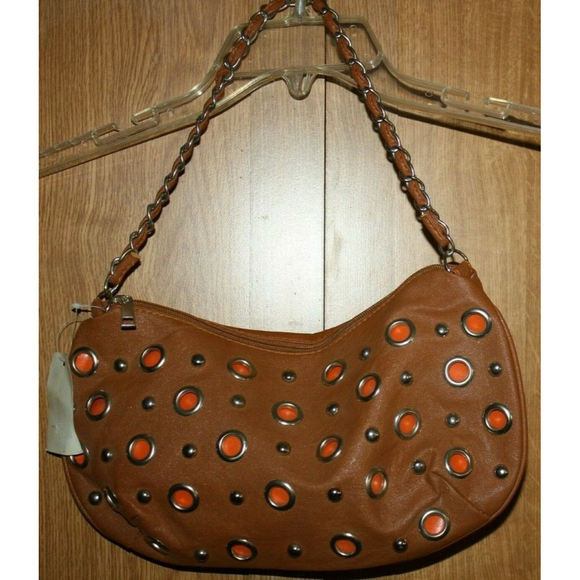 WOMEN'S PURSE NEW BROWN ORANGE STUDS LADIES TEENS CHAIN HANDLE FAUX LEATHER - Picture 1 of 7